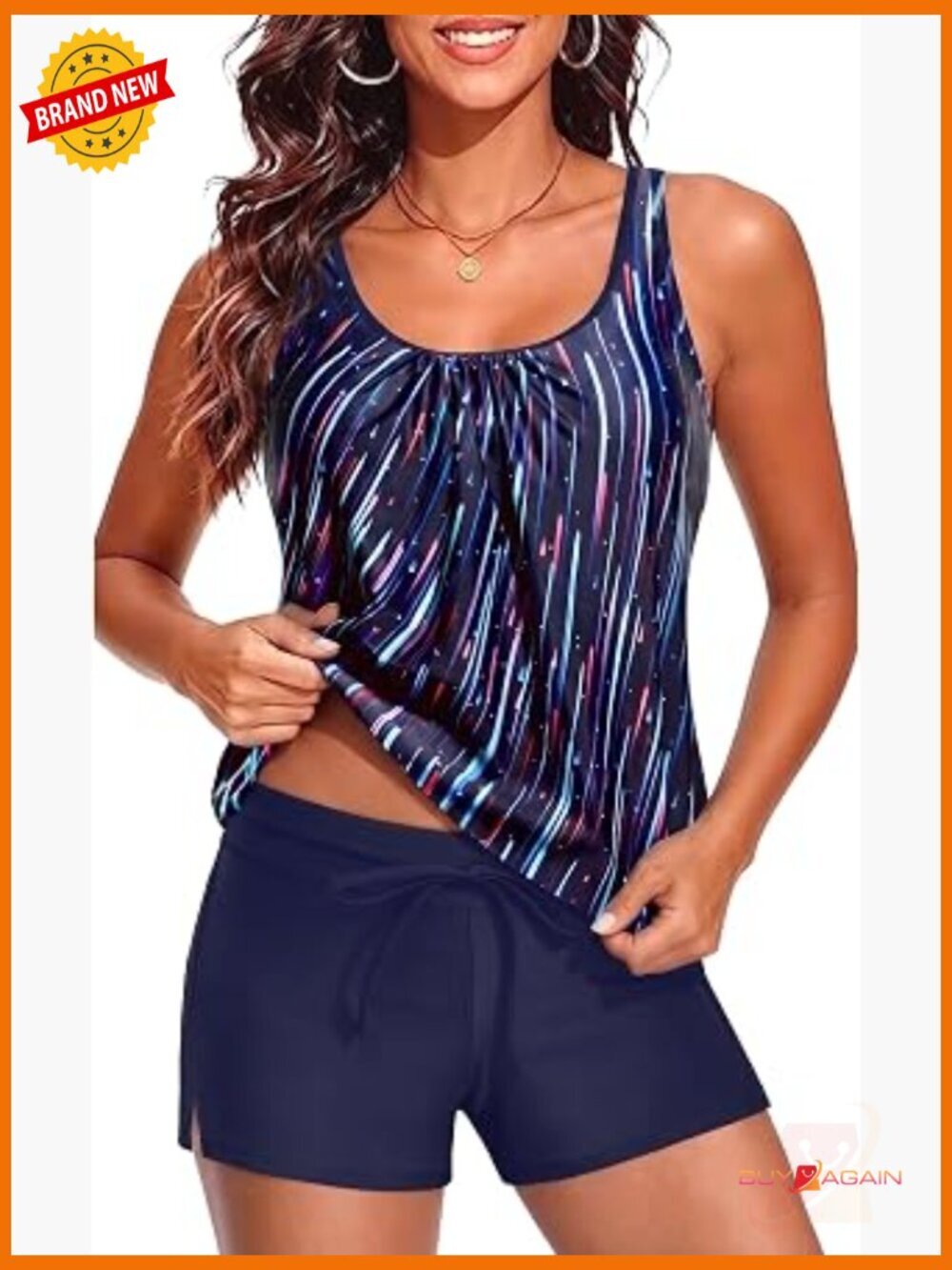 Women's Two Piece Tankini Swim Set with Blouson Top and Shorts S-XXL